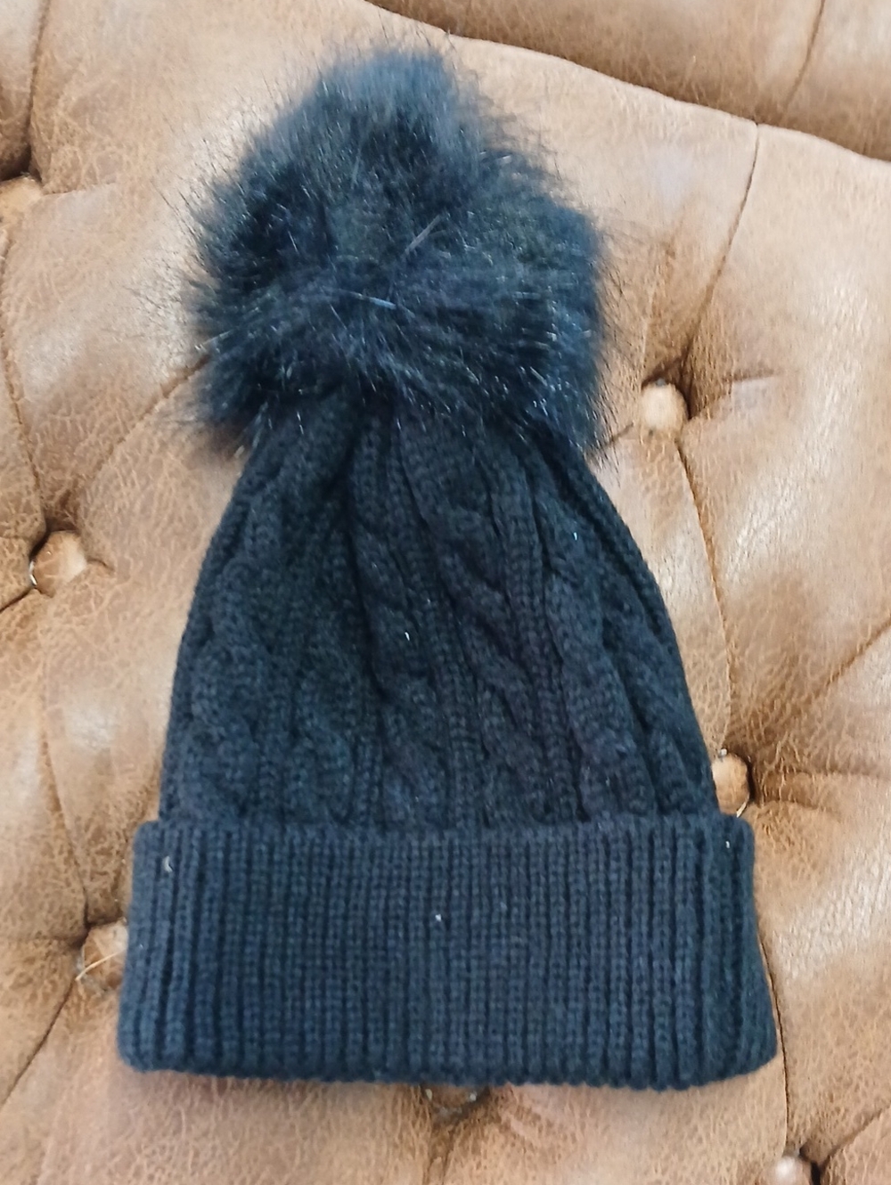Black Cable Knit Pom Pom Beanie - Kids